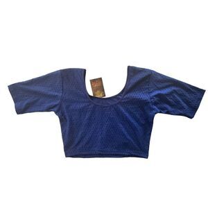 Chandra Kala Crop Top Women Sz XL Blue‎ Pure Banarasi Weave Short Sleeve